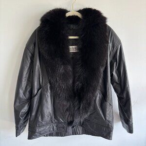 Design Assets Womens Leather & Dyed Fox Fur Coat Long Sleeve Black Size Medium